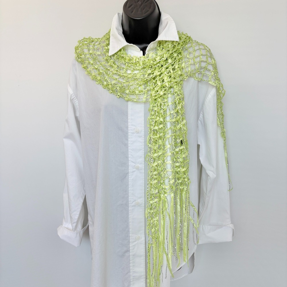 Vintage Scarf Metallic Tinsel Open Knit Mesh OS Green